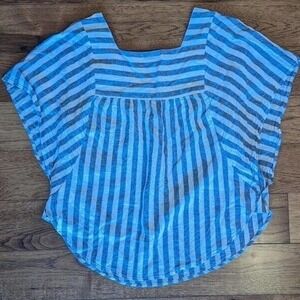 Blue & White Striped Square Neck Dolman Sleeve Blouse Top Sailor Chic Nautical